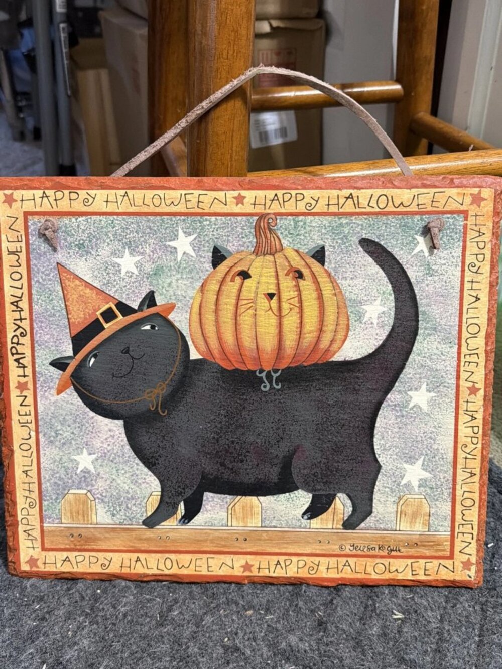 Teresa Kogut Halloween Americana Folk Art On Slate - Signed - One of Kind Piece